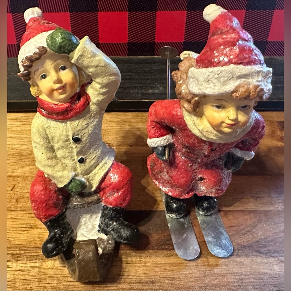 Charming Holiday Figurines Set Vintage Style Boy on Sled & Girl on Skis